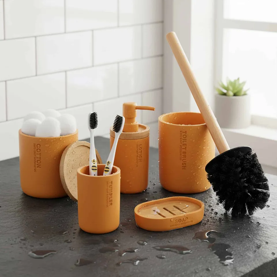 evideco-set-salle-de-bain-5-pi-ces-jaune-moutarde-bambou image 1