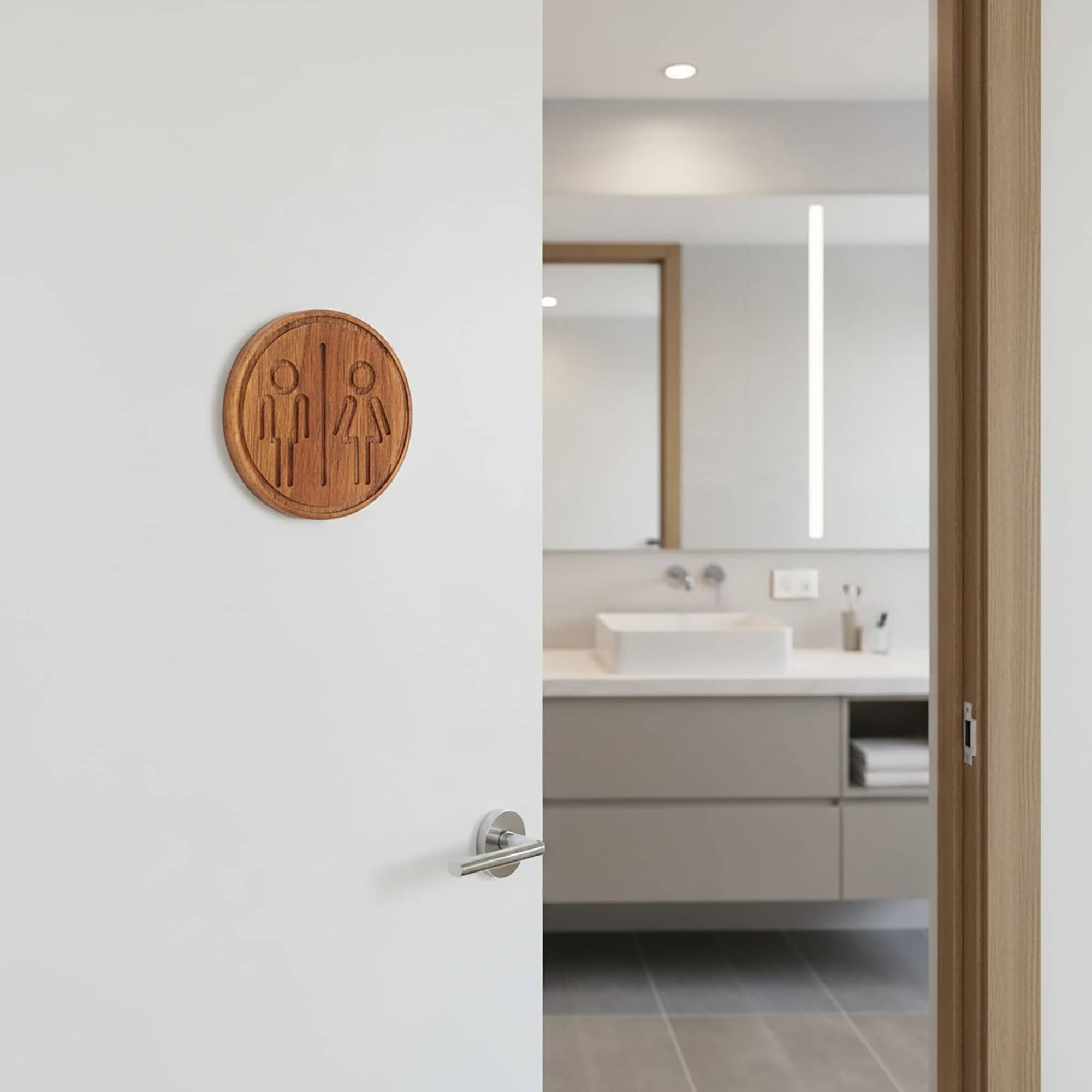 evideco-plaque-porte-toilettes-bois-rond-marron-mixte-adh-sive image 1