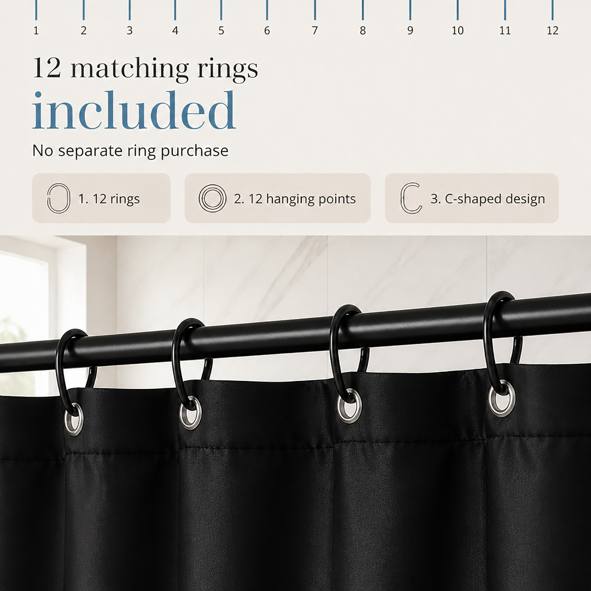 evideco-shower-rideau-douche-noir-extra-long-polyester-200x180-12-anneaux image 4