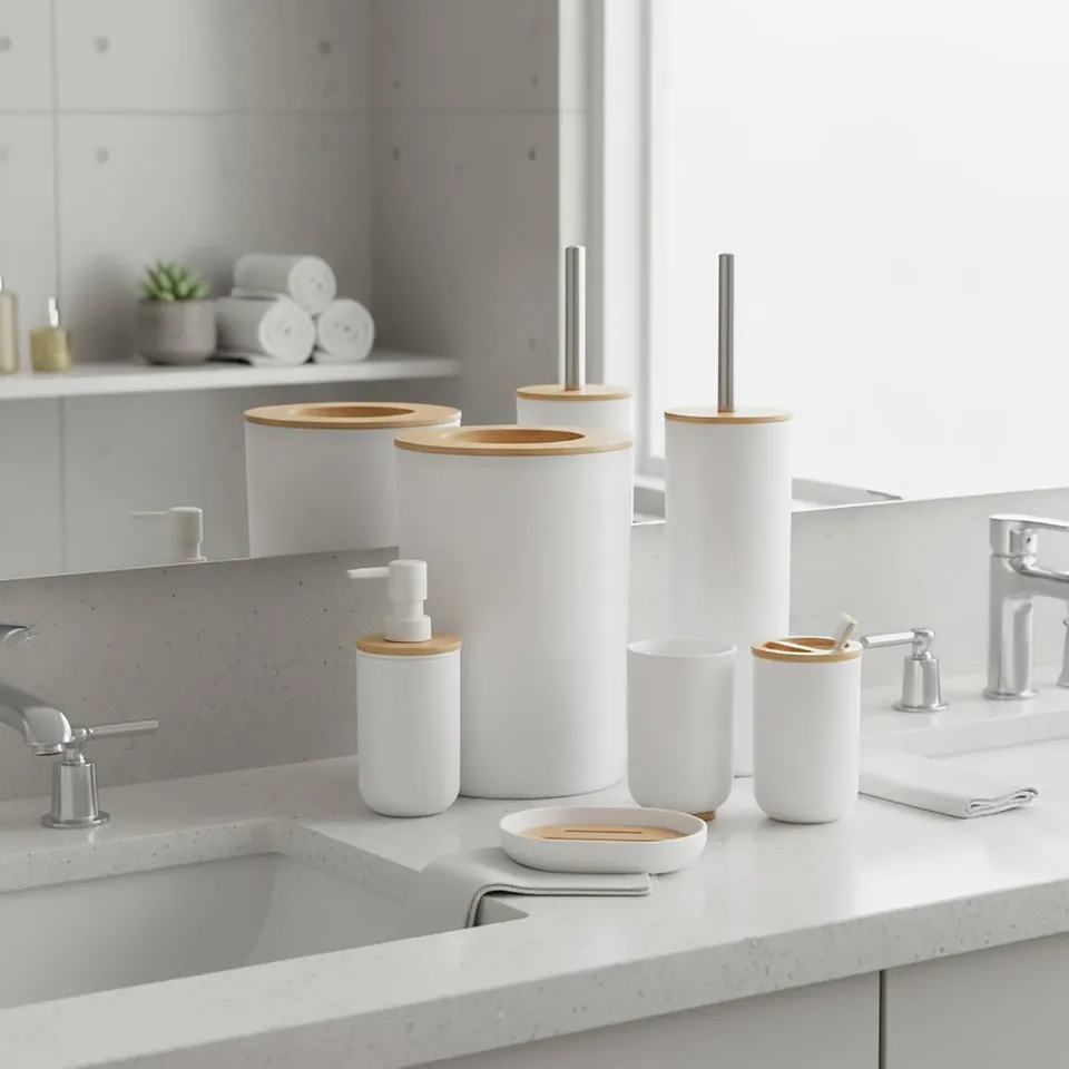 evideco-padang-set-accessoires-salle-de-bain-blanc-bambou-6-pi-ces image 1