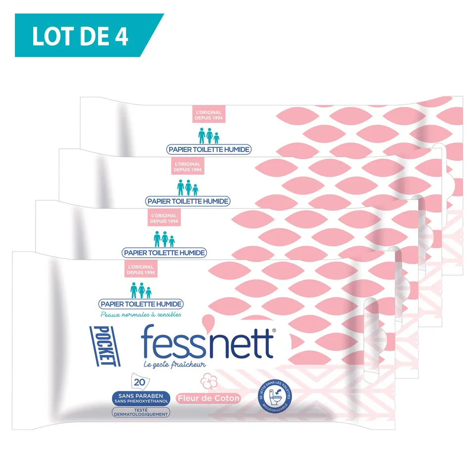 fess-nett-pocket-papier-toilette-humide-coton-lot-de-4-x20 image 1
