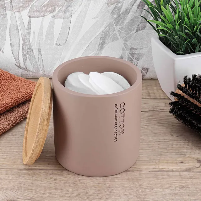 evideco-bathroom-accessories-bo-te-coton-cappuccino-couvercle-bambou image 1