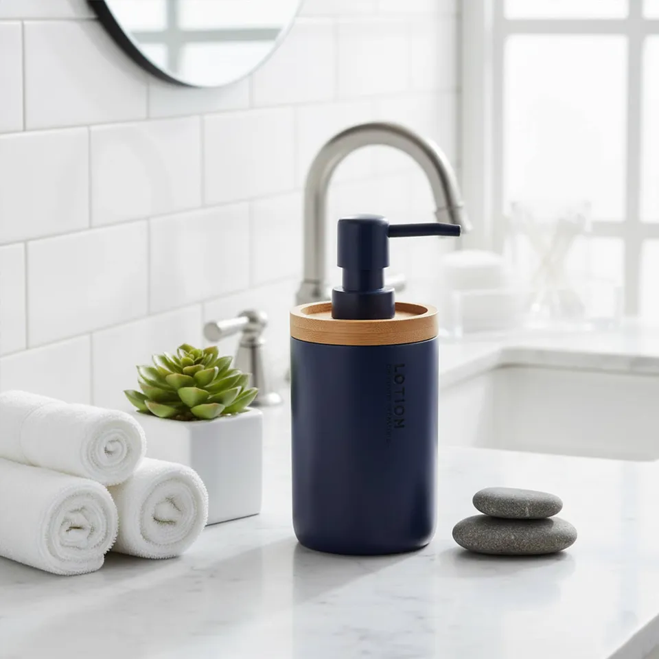 evideco-distributeur-savon-bleu-marine-bambou image 1
