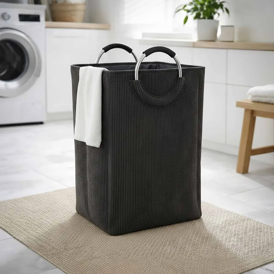 evideco-corduroy-panier-linge-55l-gris-fonc-poign-es image 1