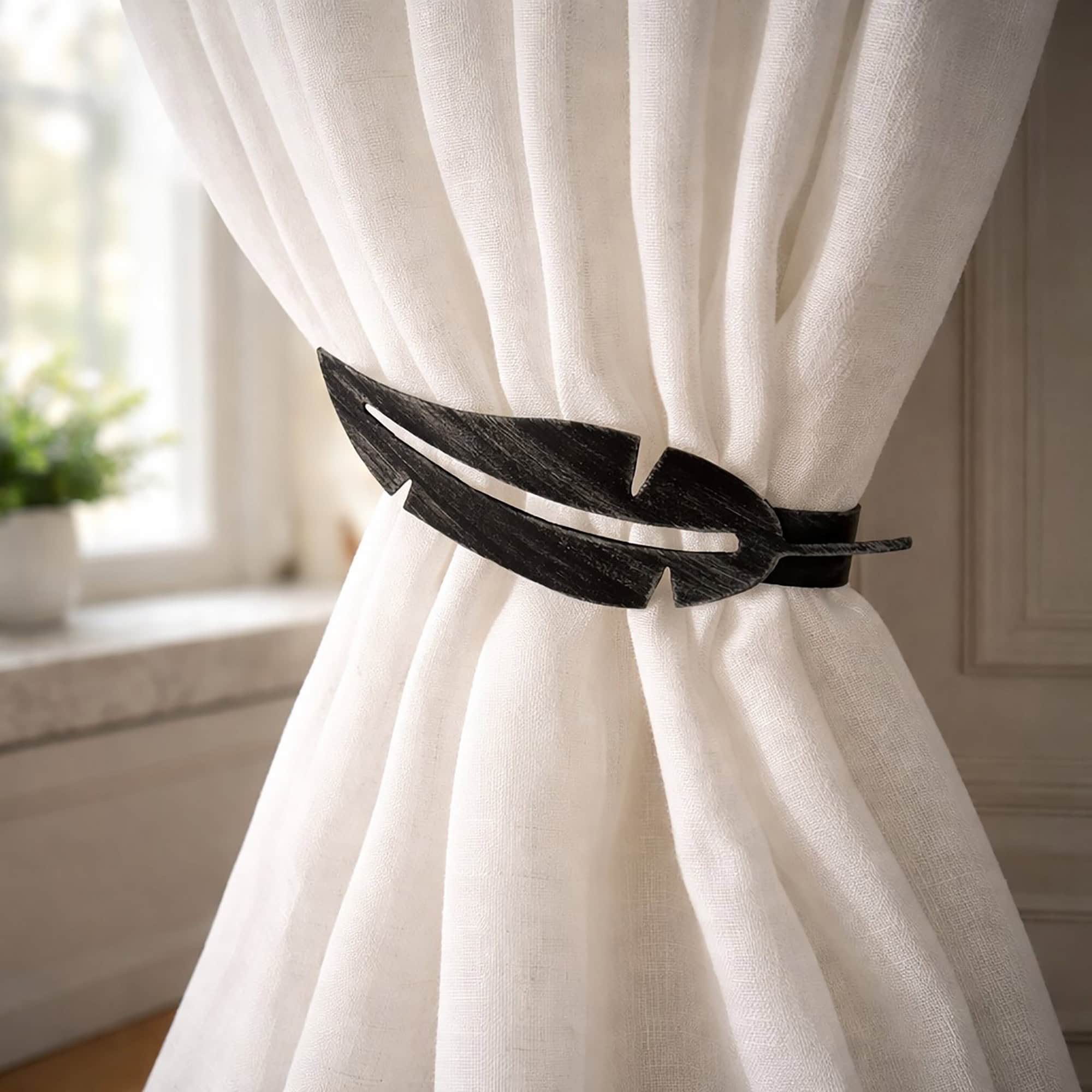 evideco-home-accessories-embrasse-rideau-magn-tique-plume-noir-argent image 1