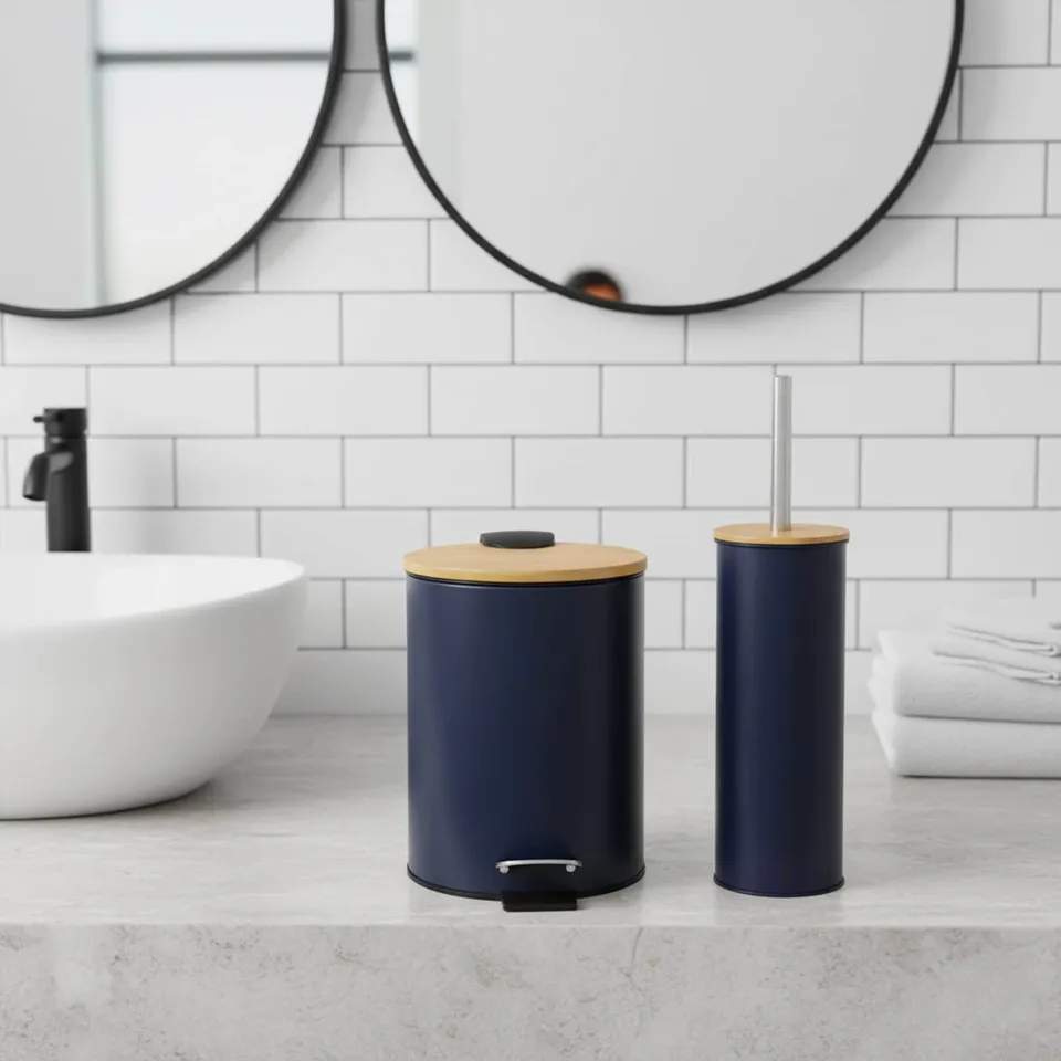 evideco-ensemble-salle-de-bain-bleu-marine-bambou-poubelle-brosse image 1