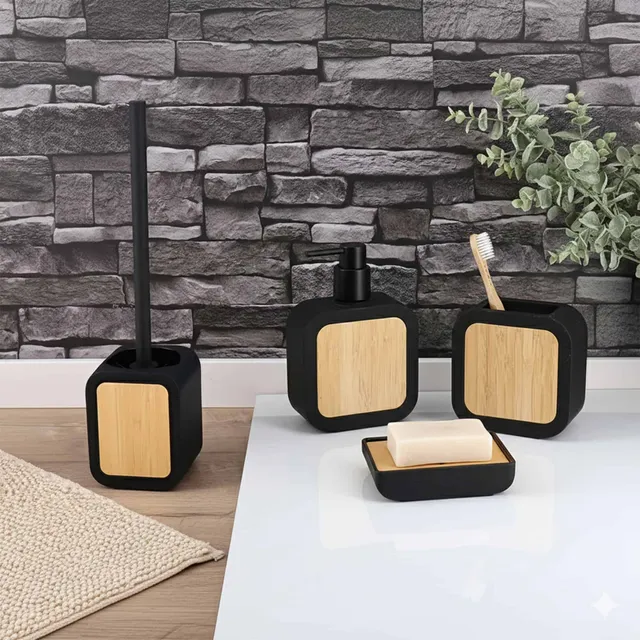 evideco-bathroom-accessories-set-salle-de-bain-noir-bambou-4-pi-ces image 1