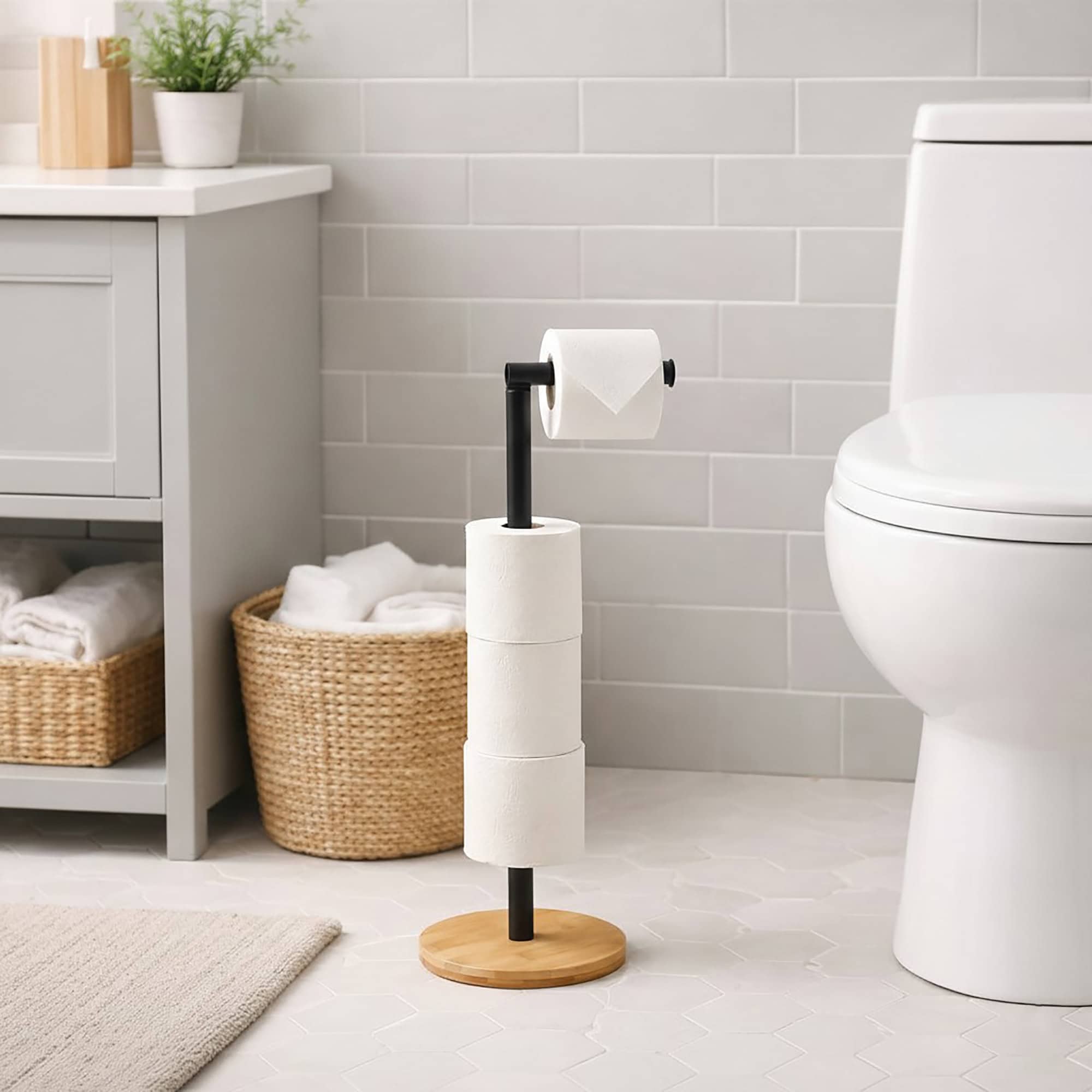 evideco-porte-papier-toilette-sur-pied-noir-base-bambou-4-rouleaux image 2