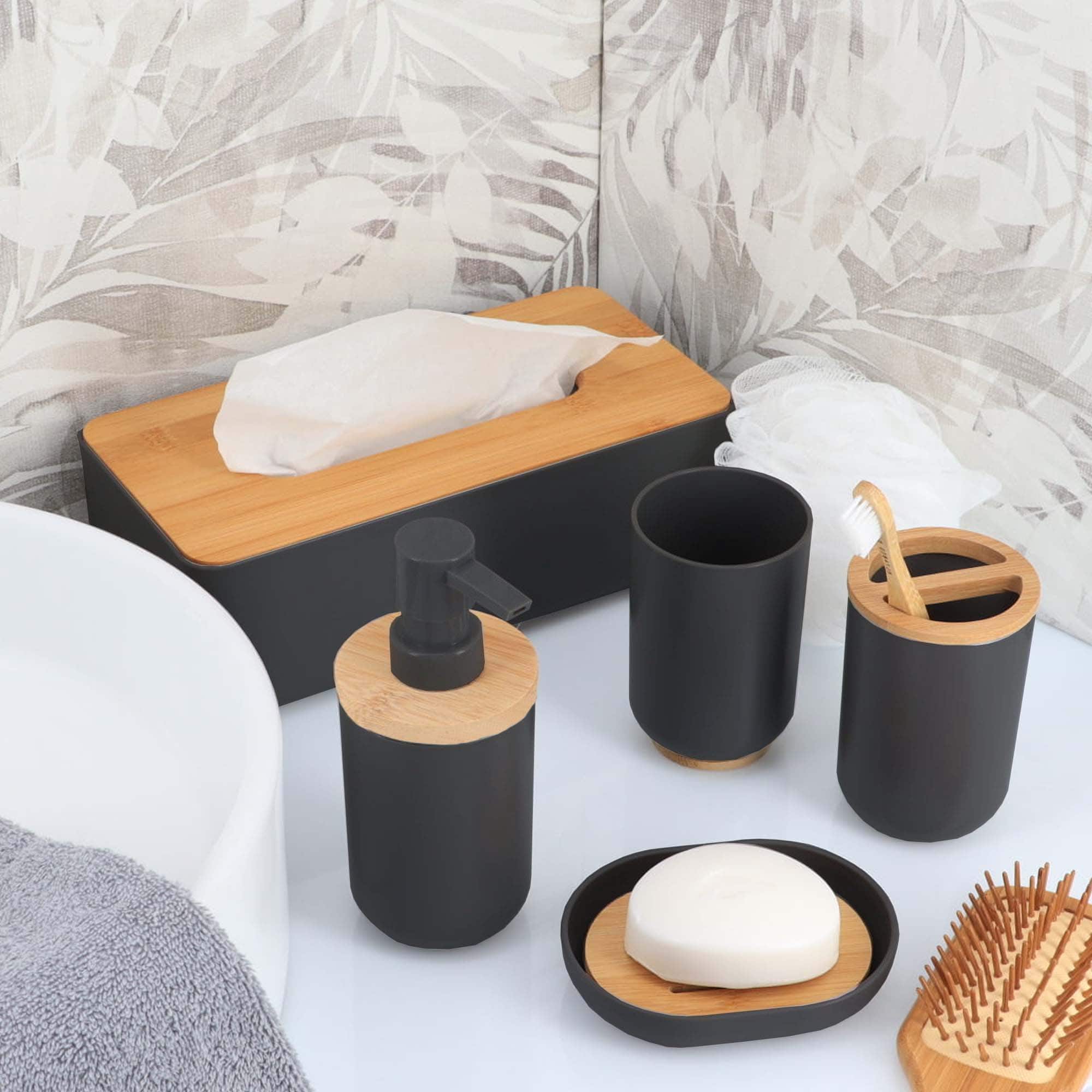 evideco-padang-set-accessoires-salle-de-bain-7-pi-ces-noir-bambou image 2