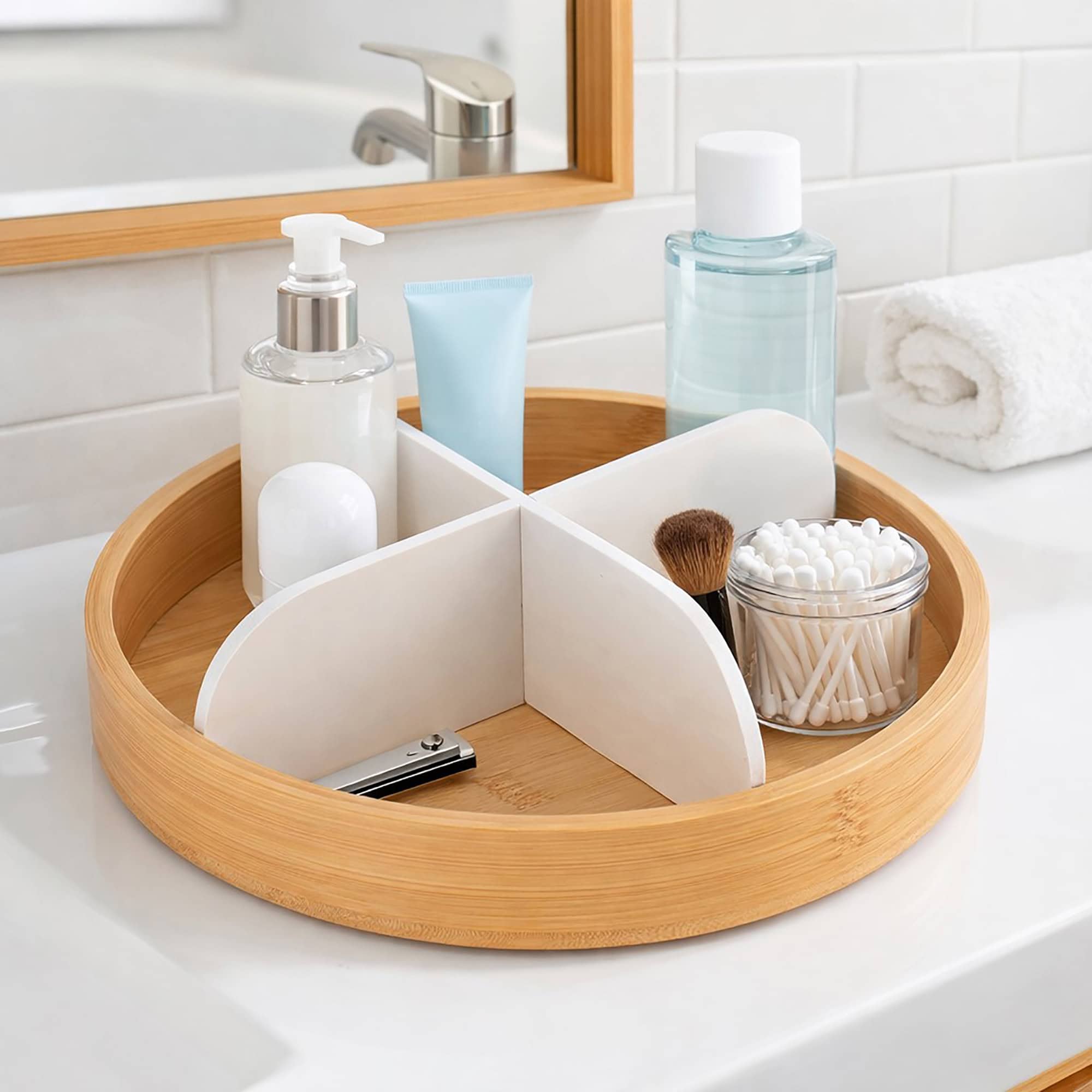 evideco-organiseur-rotatif-salle-de-bain-4-cases-bambou-blanc image 2