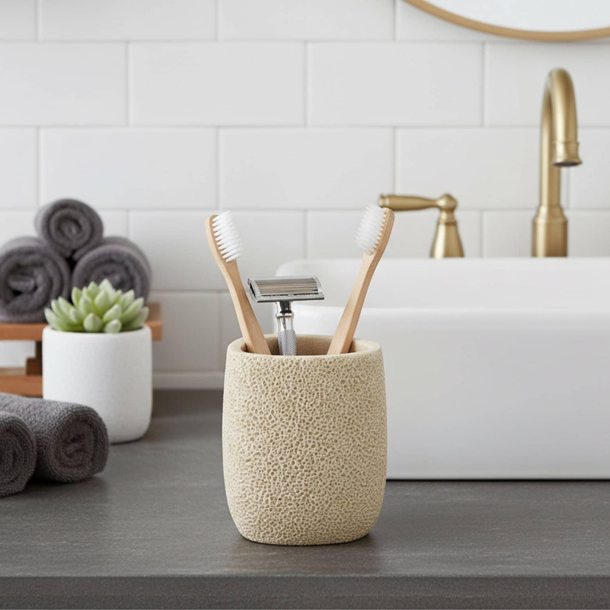 evideco-gobelet-brosse-dents-effet-ponge-de-mer-beige image 2