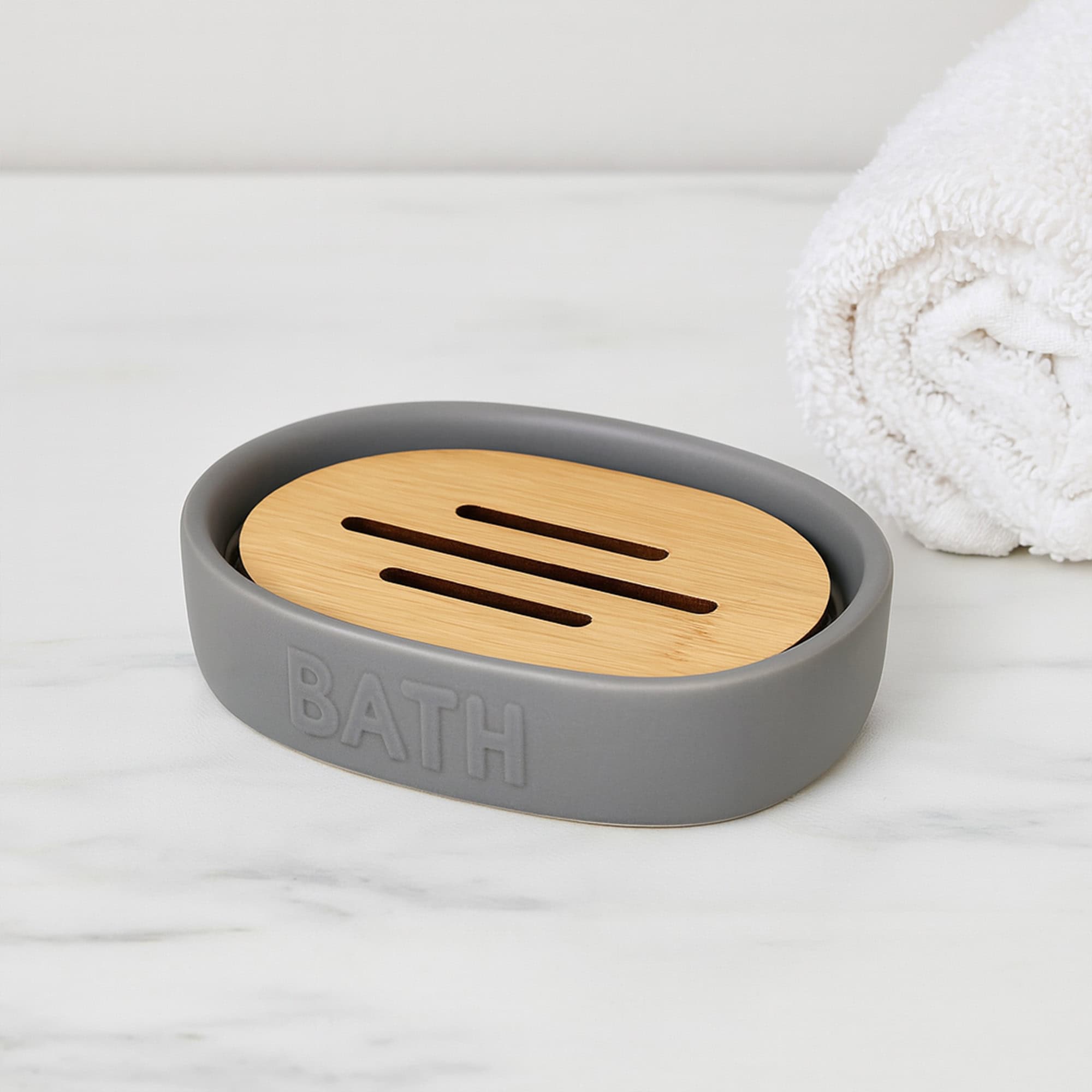 evideco-bathroom-accessories-set-porte-savon-gobelet-gris-bambou image 1