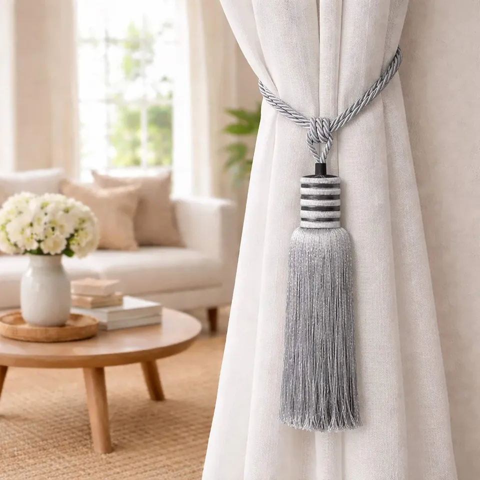 evideco-embrasse-rideau-gris-argent-pompon-84-cm image 1