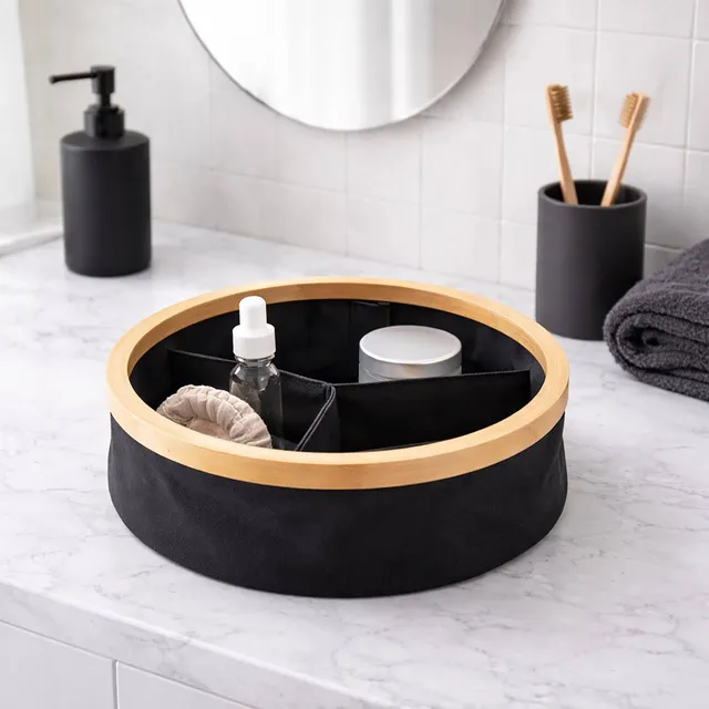 evideco-panier-de-rangement-rond-noir-pliable-3-compartiments-bambou image 1