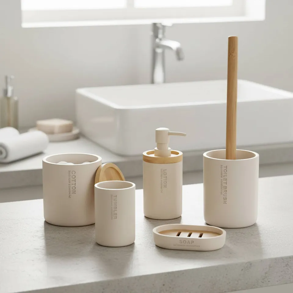 evideco-beige-5-pi-ces-set-salle-de-bain-bambou-beige image 1