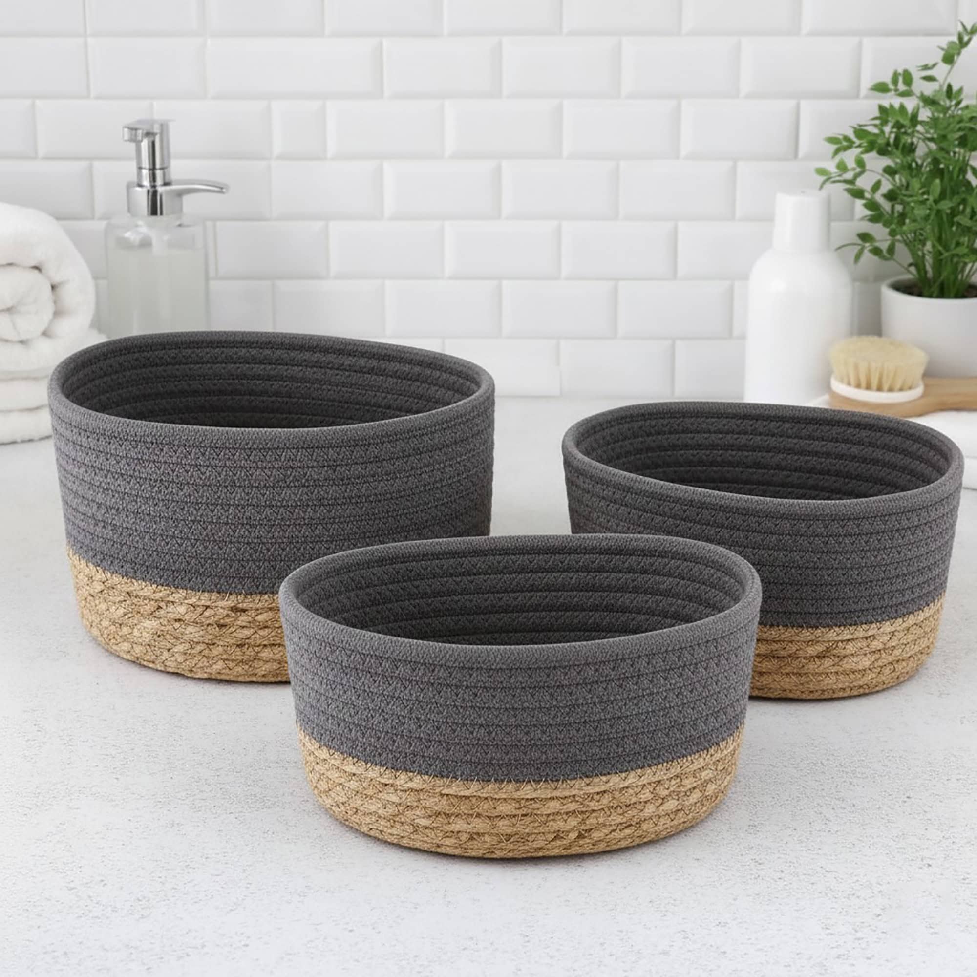 evideco-bathroom-storage-panier-rangement-gris-coton-lot-de-3 image 2