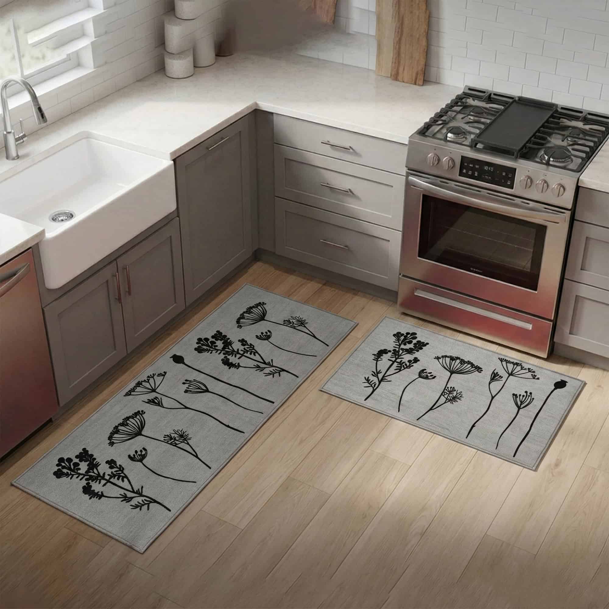evideco-tapis-cuisine-lot-2-gris-noir-fleurs-antid-rapant image 1