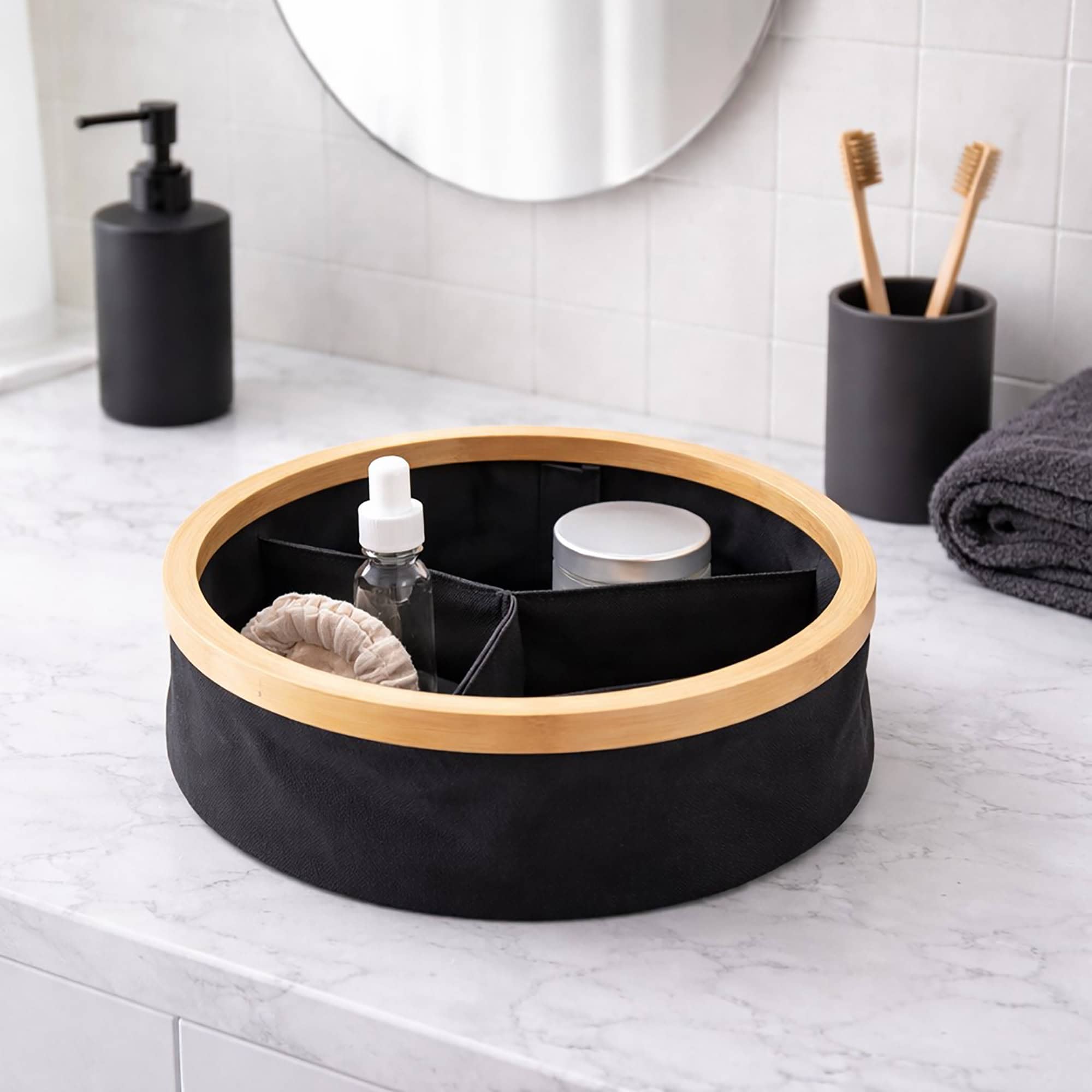 evideco-panier-de-rangement-rond-noir-pliable-3-compartiments-bambou image 1