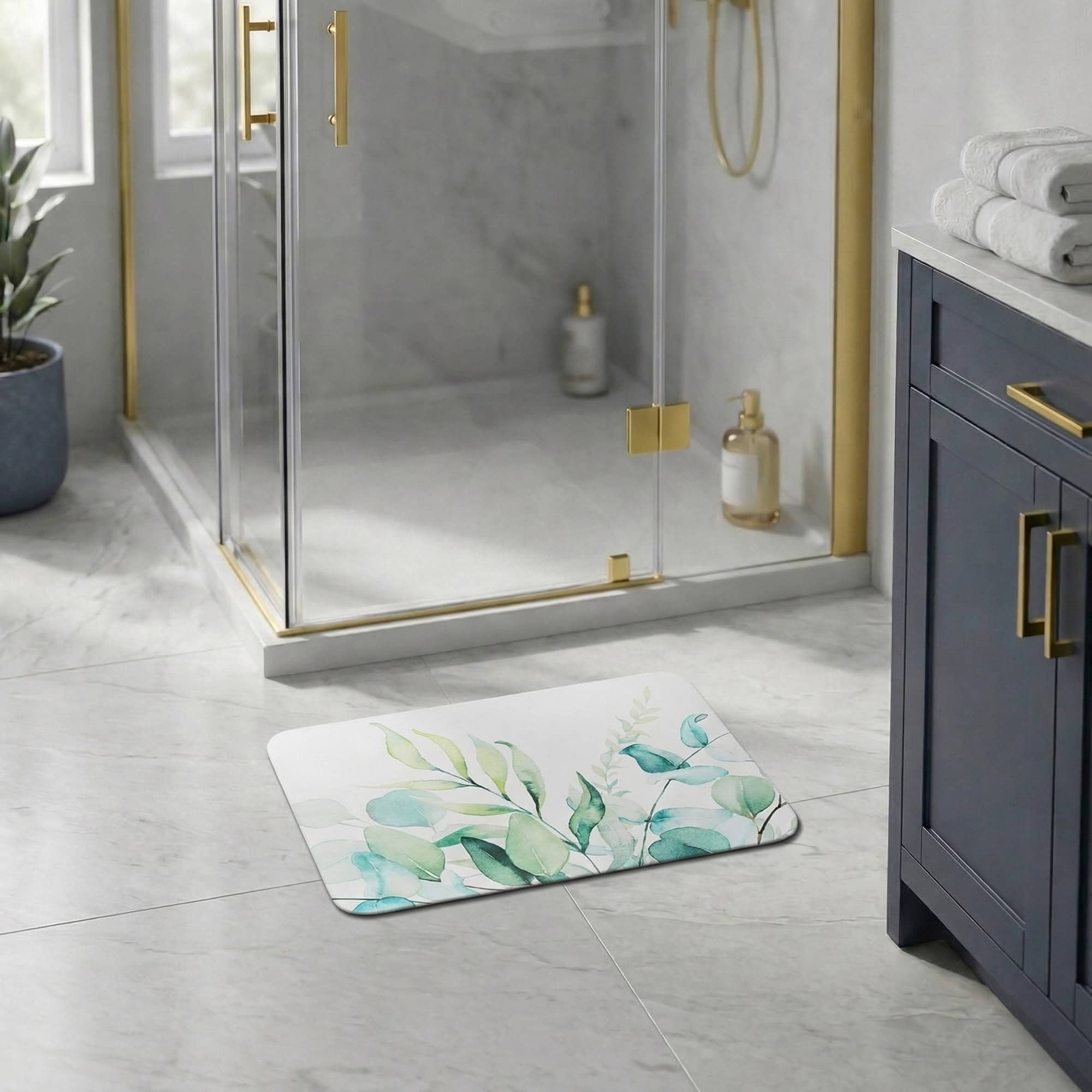 evideco-eucalyptus-mist-tapis-de-bain-60x45-cm-absorbant-blanc-vert image 1