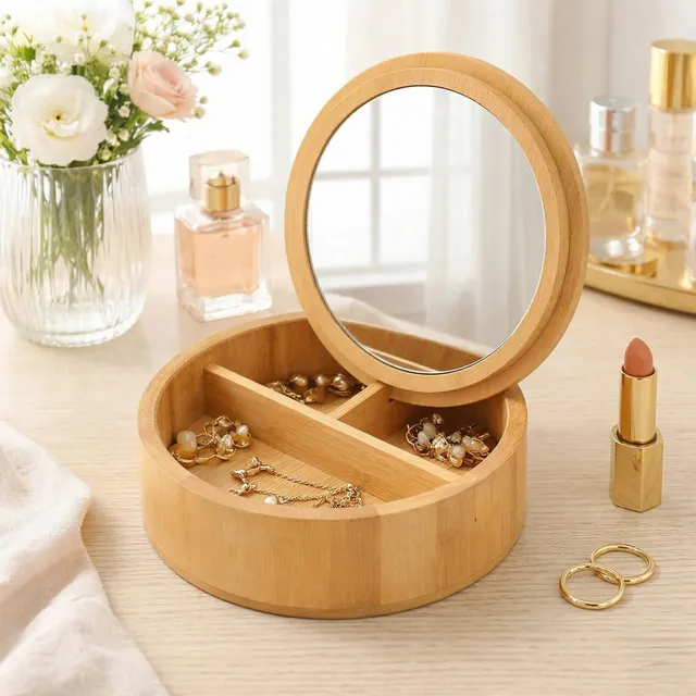 evideco-bathroom-bo-te-bambou-ronde-miroir-3-compartiments image 1