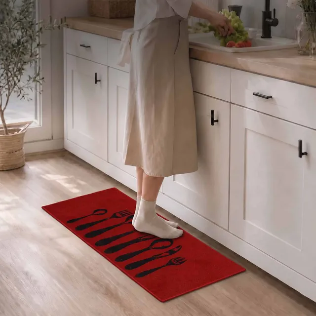 evideco-home-accessories-tapis-cuisine-couverts-rouge-122x51-cm-lavable image 1