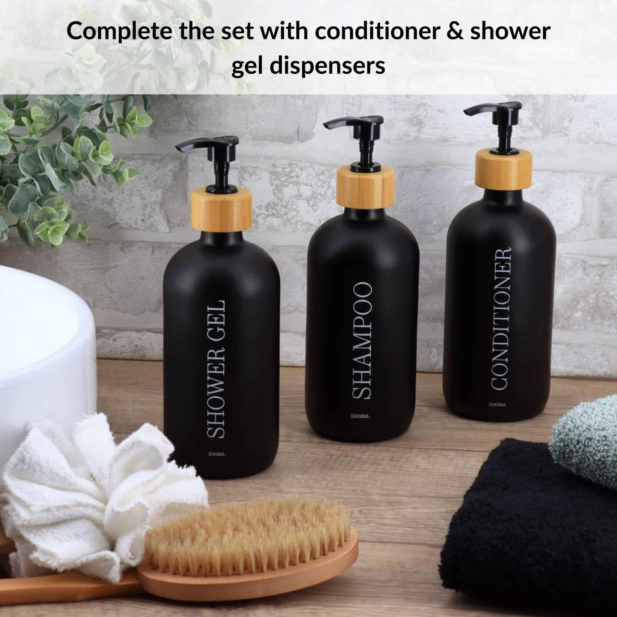evideco-distributeur-shampooing-noir-mat-500-ml-verre-bambou image 2