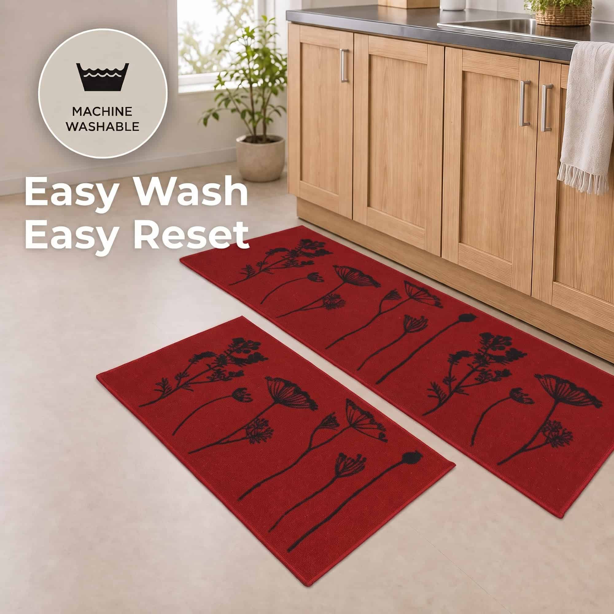 evideco-tapis-cuisine-rouge-noir-fleurs-lot-de-2-effet-laine-lavable image 6