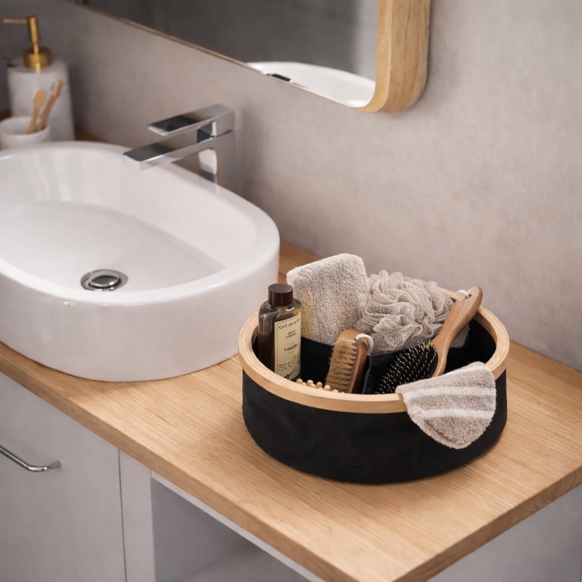 evideco-panier-de-rangement-rond-noir-pliable-3-compartiments-bambou image 6