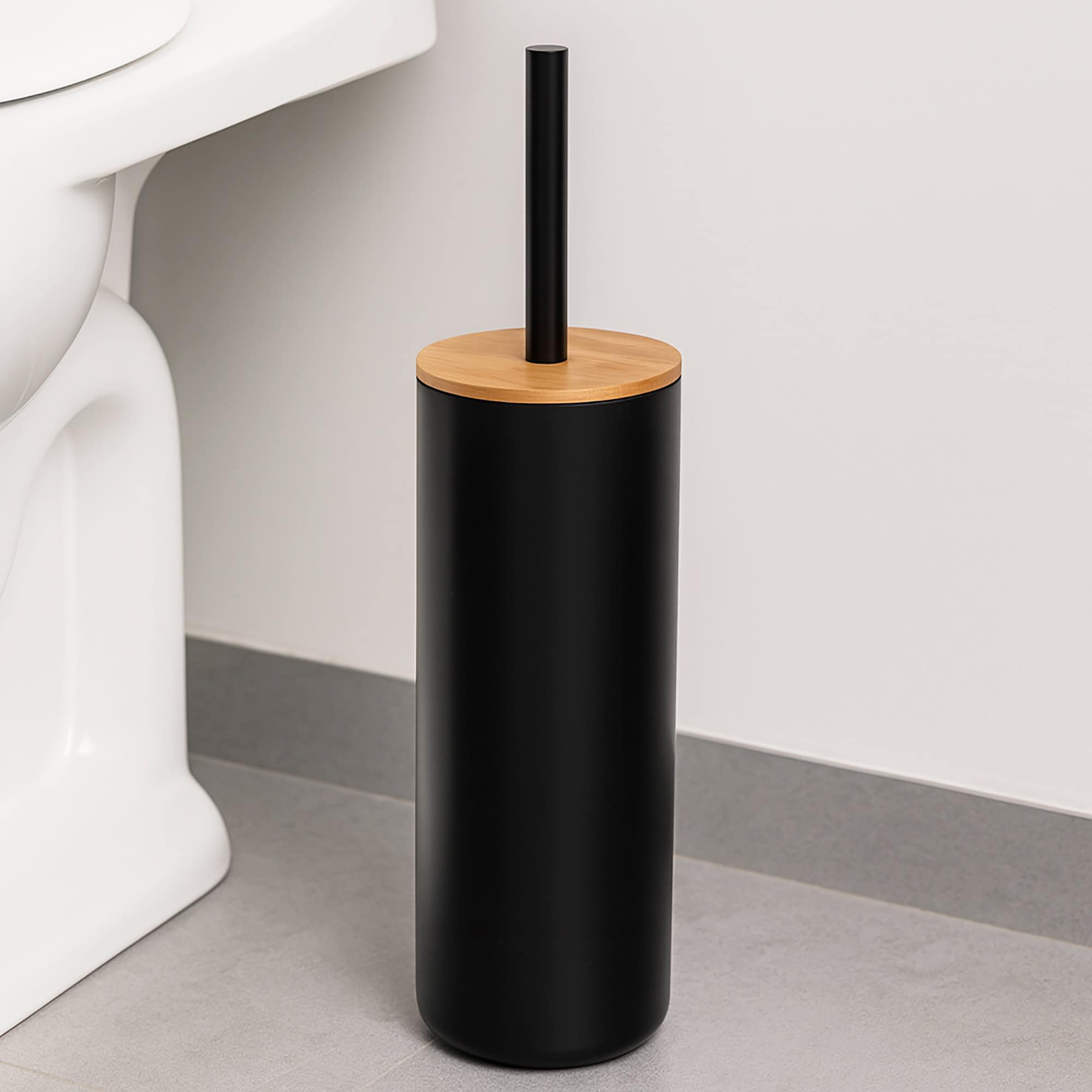 evideco-padang-brosse-wc-noire-support-couvercle-bambou image 1
