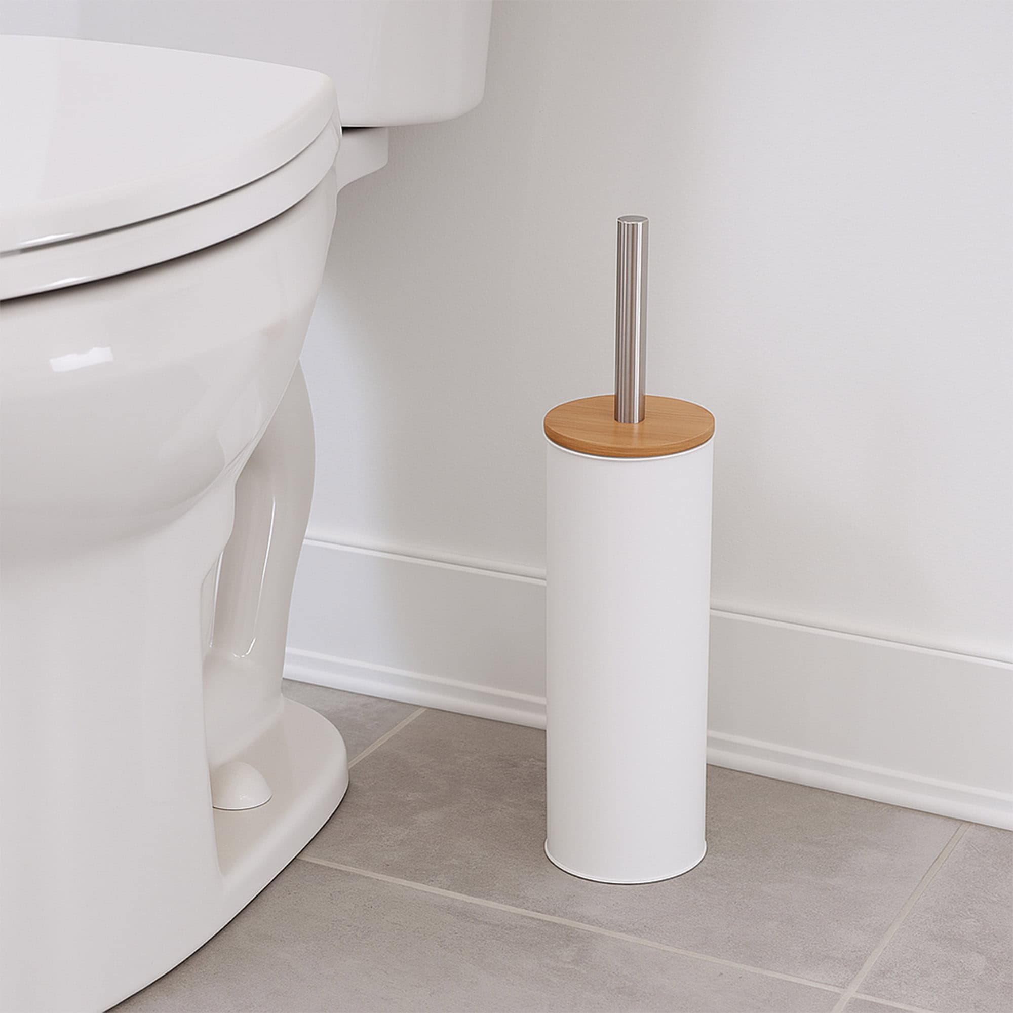 evideco-brosse-wc-blanc-m-tal-couvercle-bambou-support image 1