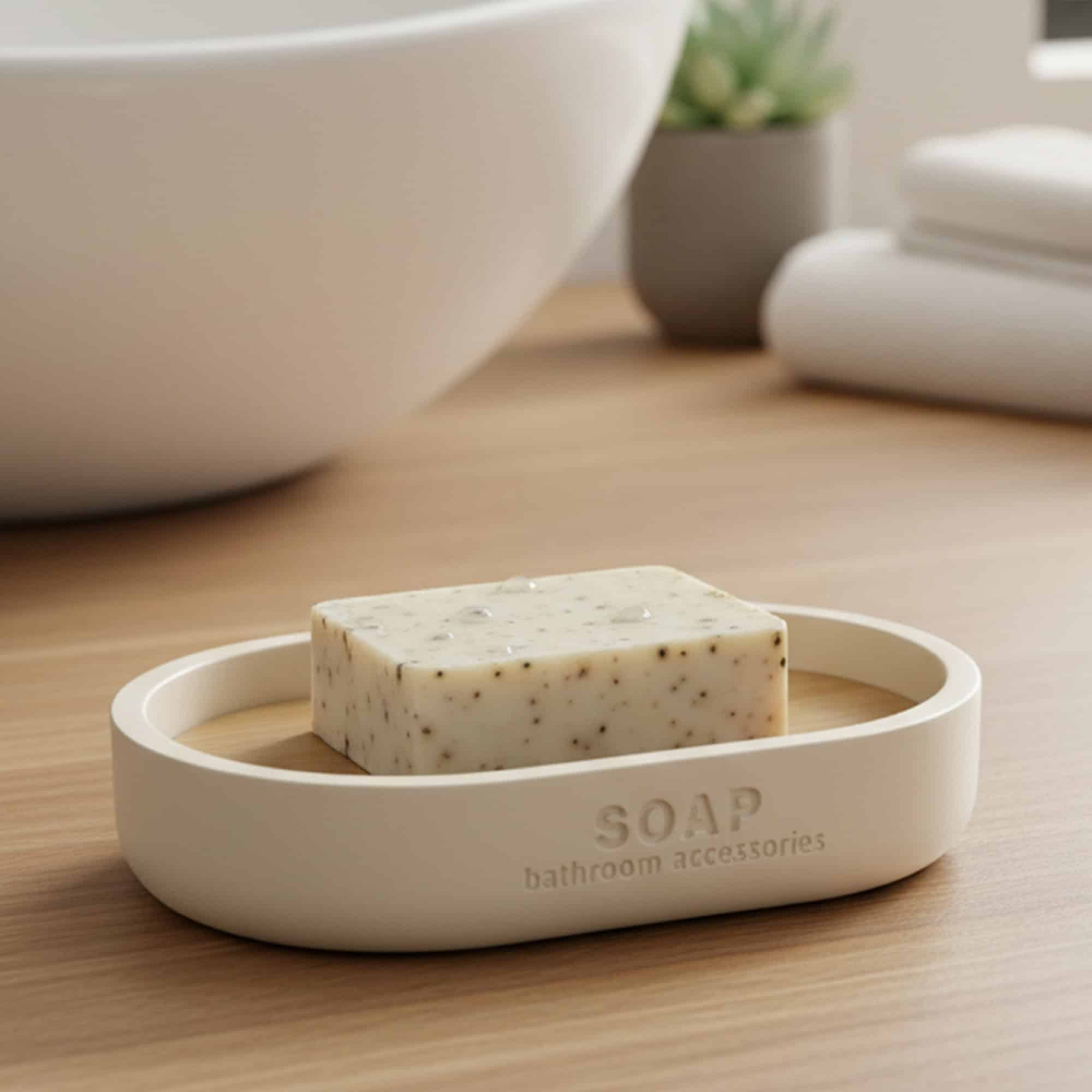 evideco-porte-savon-beige-mat-socle-bambou-polyresin image 2