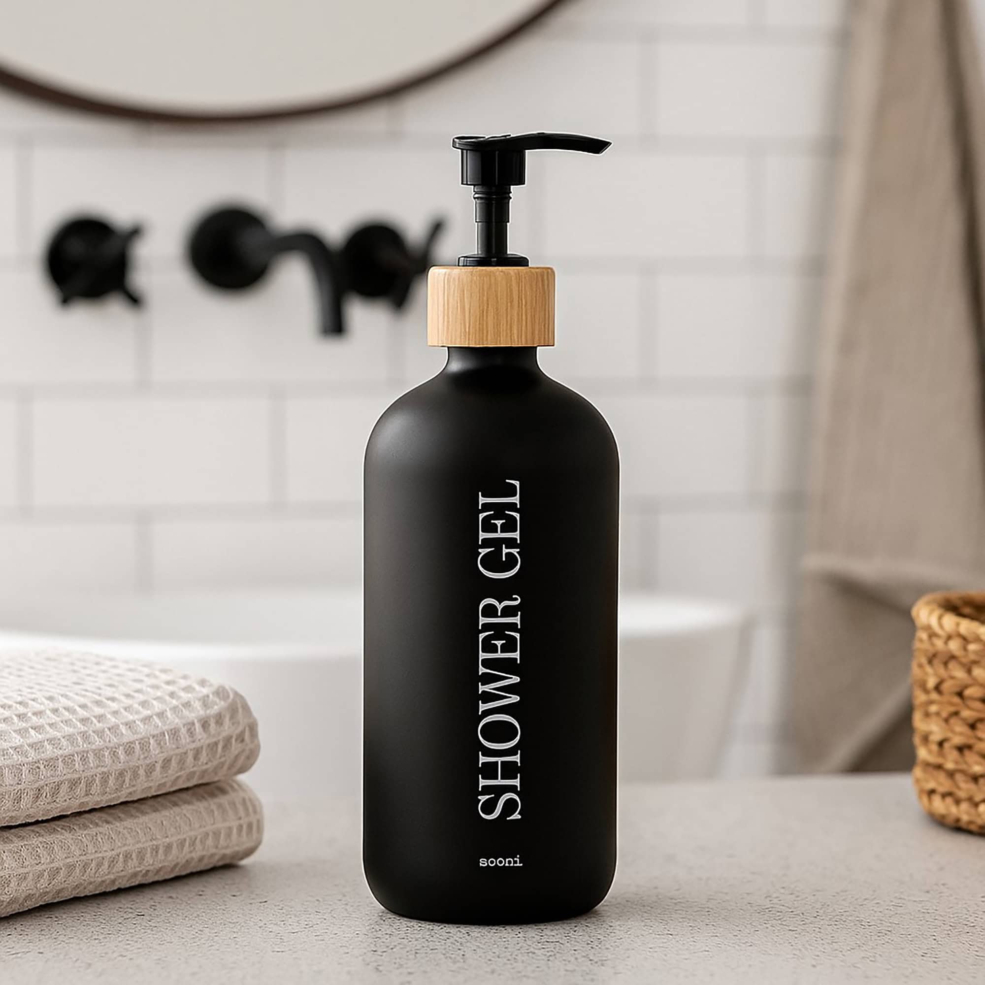 evideco-shower-distributeur-gel-douche-noir-mat-verre-500-ml image 1
