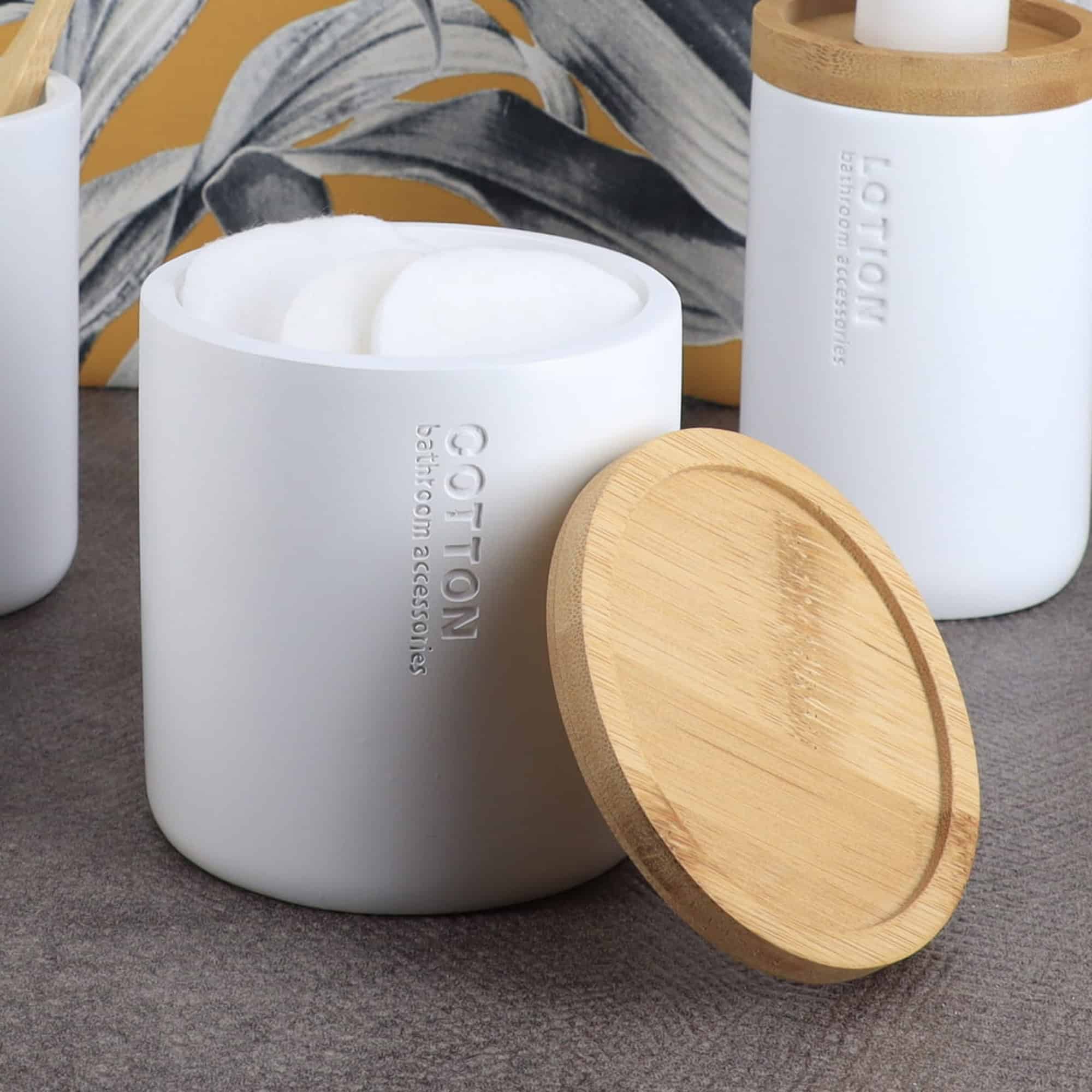 evideco-pot-coton-blanc-mat-couvercle-bambou-salle-de-bain image 2
