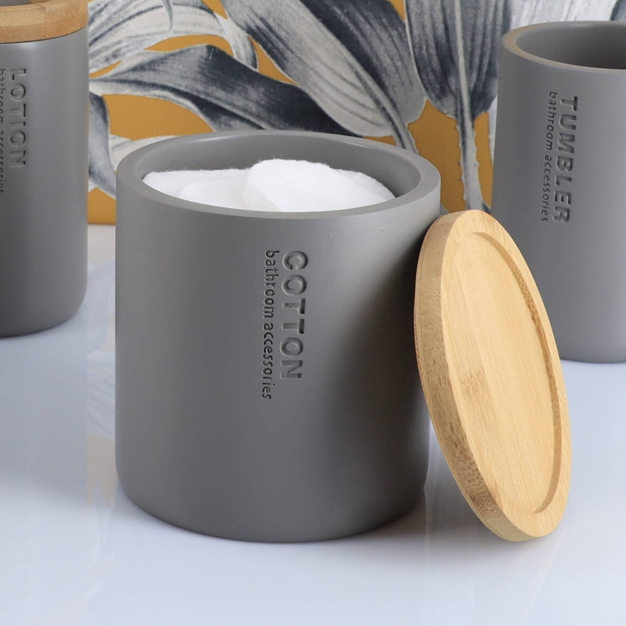 evideco-bo-te-coton-gris-mat-couvercle-bambou-polyresine image 1