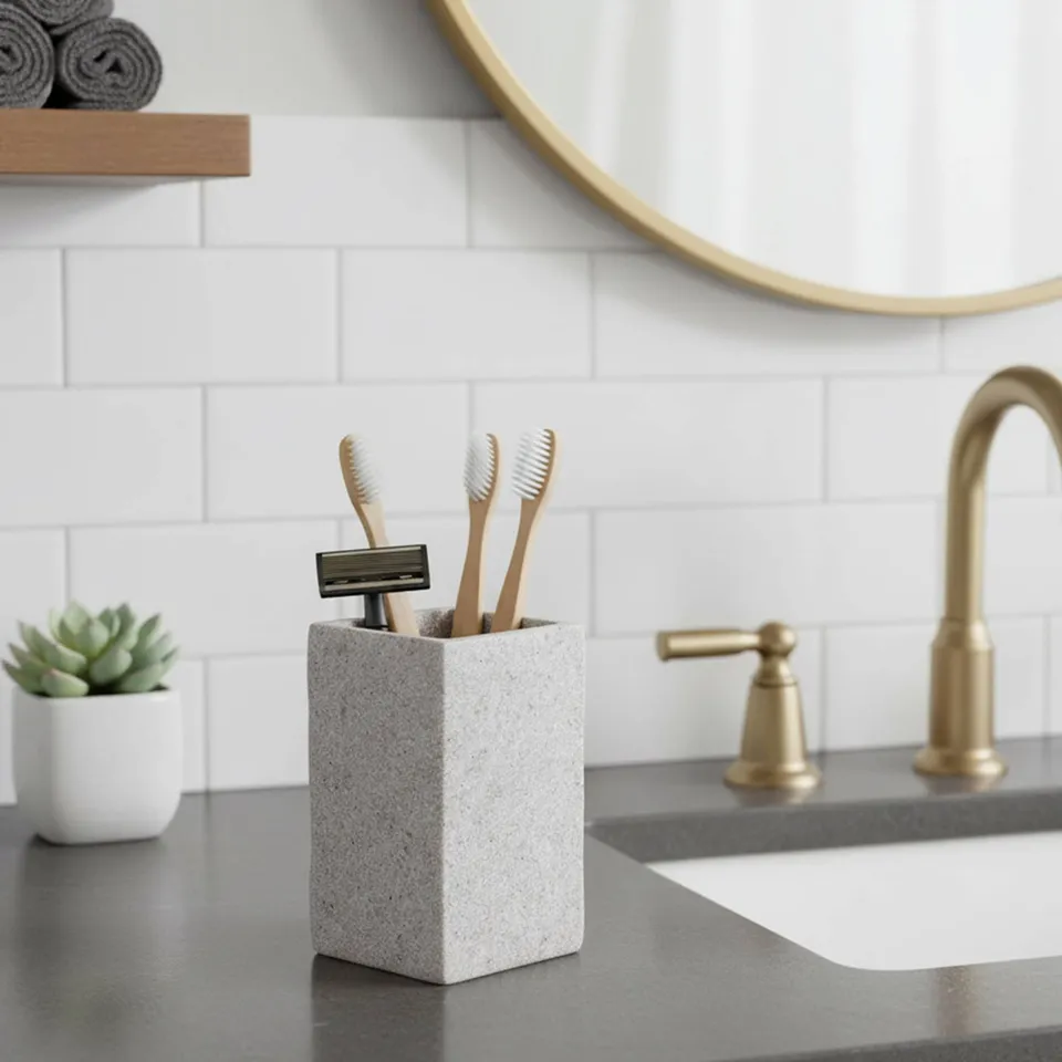 evideco-bathroom-accessories-gobelet-gris-effet-pierre image 1