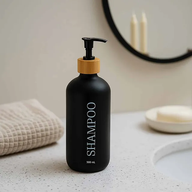 evideco-distributeur-shampooing-noir-mat-500-ml-verre-bambou image 1