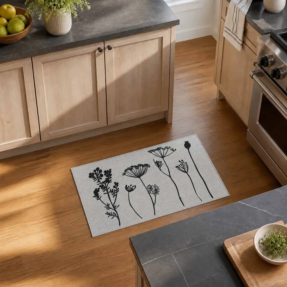 evideco-wildflowers-tapis-cuisine-80x50-gris-noir-fleurs image 1