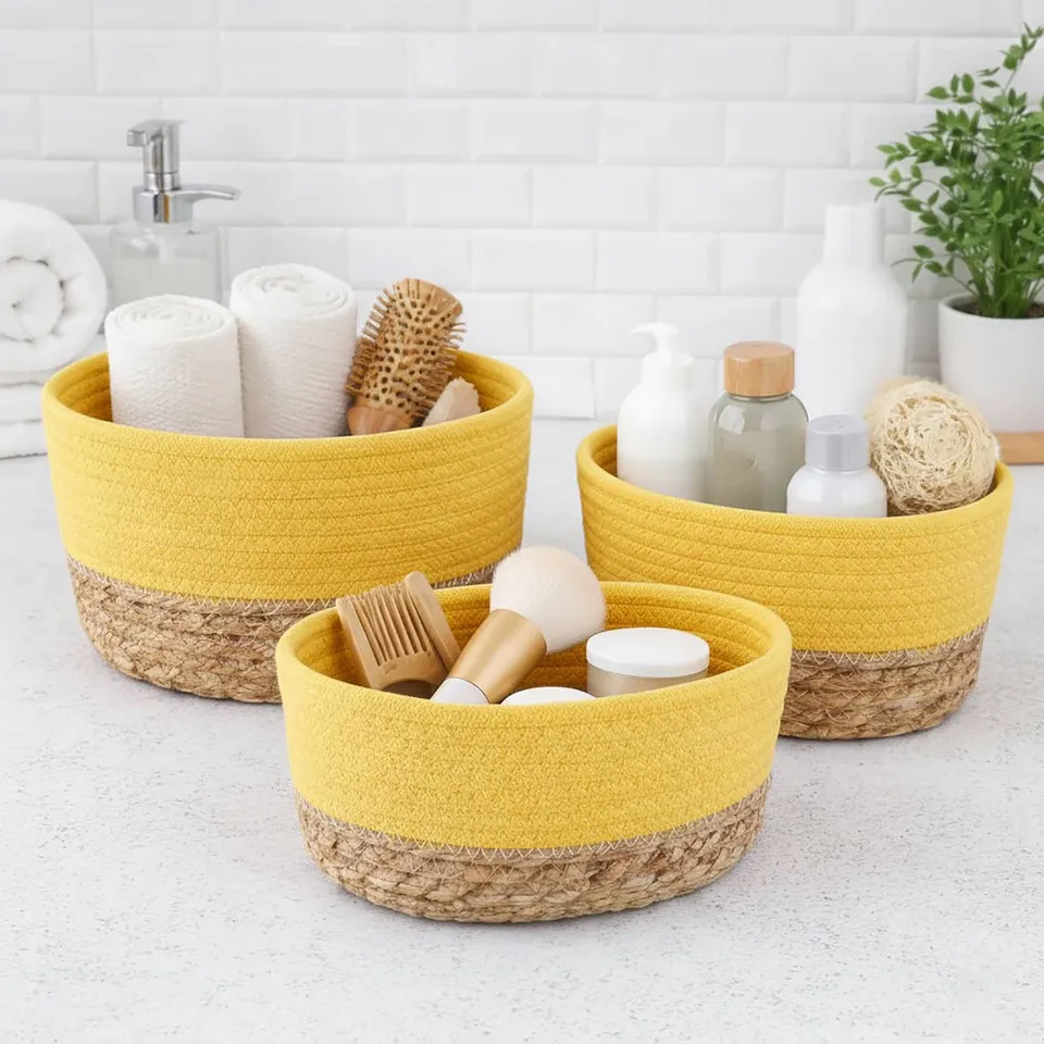 evideco-bathroom-storage-paniers-coton-jaune-empilables-lot-de-3 image 1