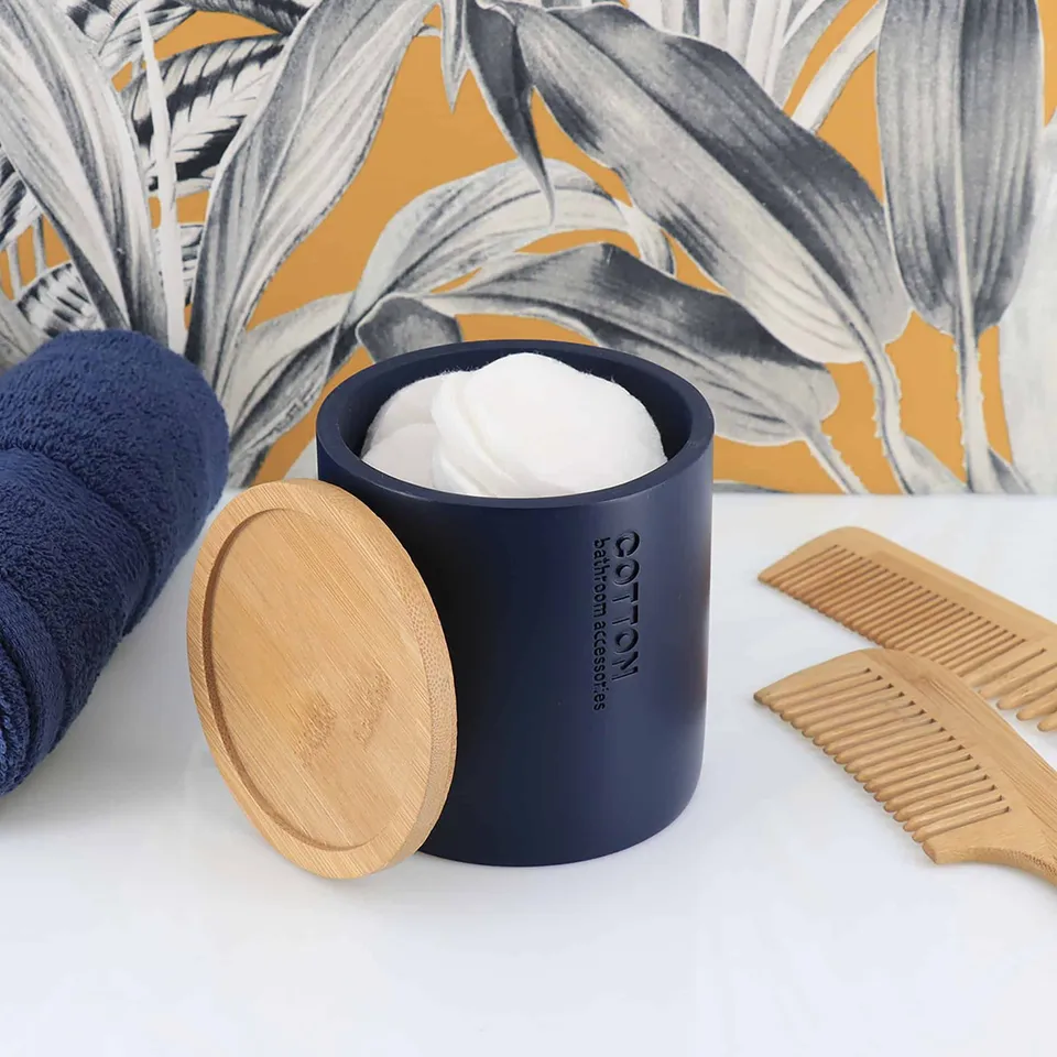 evideco-bo-te-coton-tige-bleu-marine-bambou-polyresine image 1