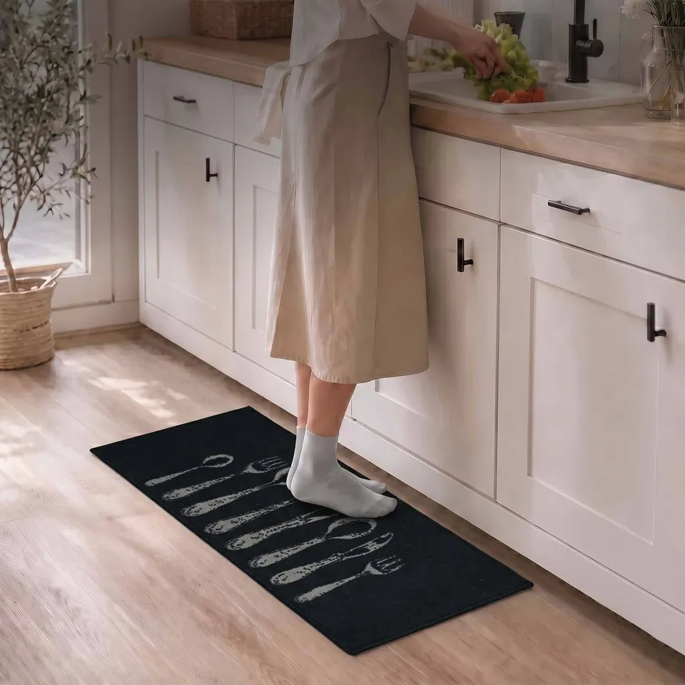 evideco-tapis-cuisine-noir-couverts-122x51-lavable-antid-rapant image 1