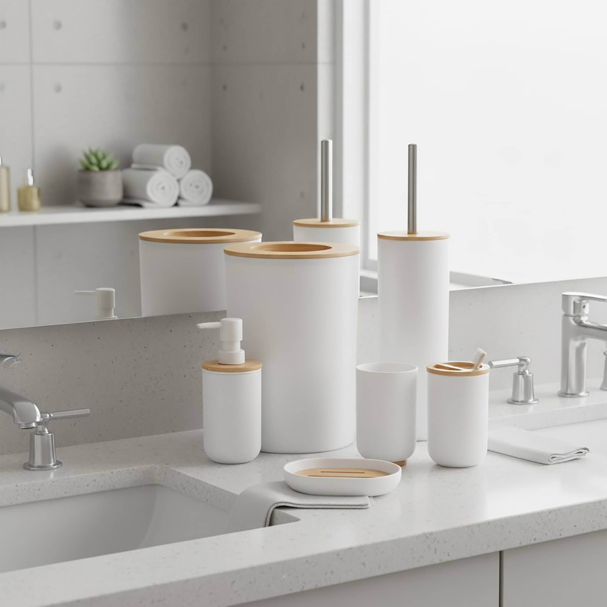 evideco-padang-set-accessoires-salle-de-bain-blanc-bambou-6-pi-ces image 1