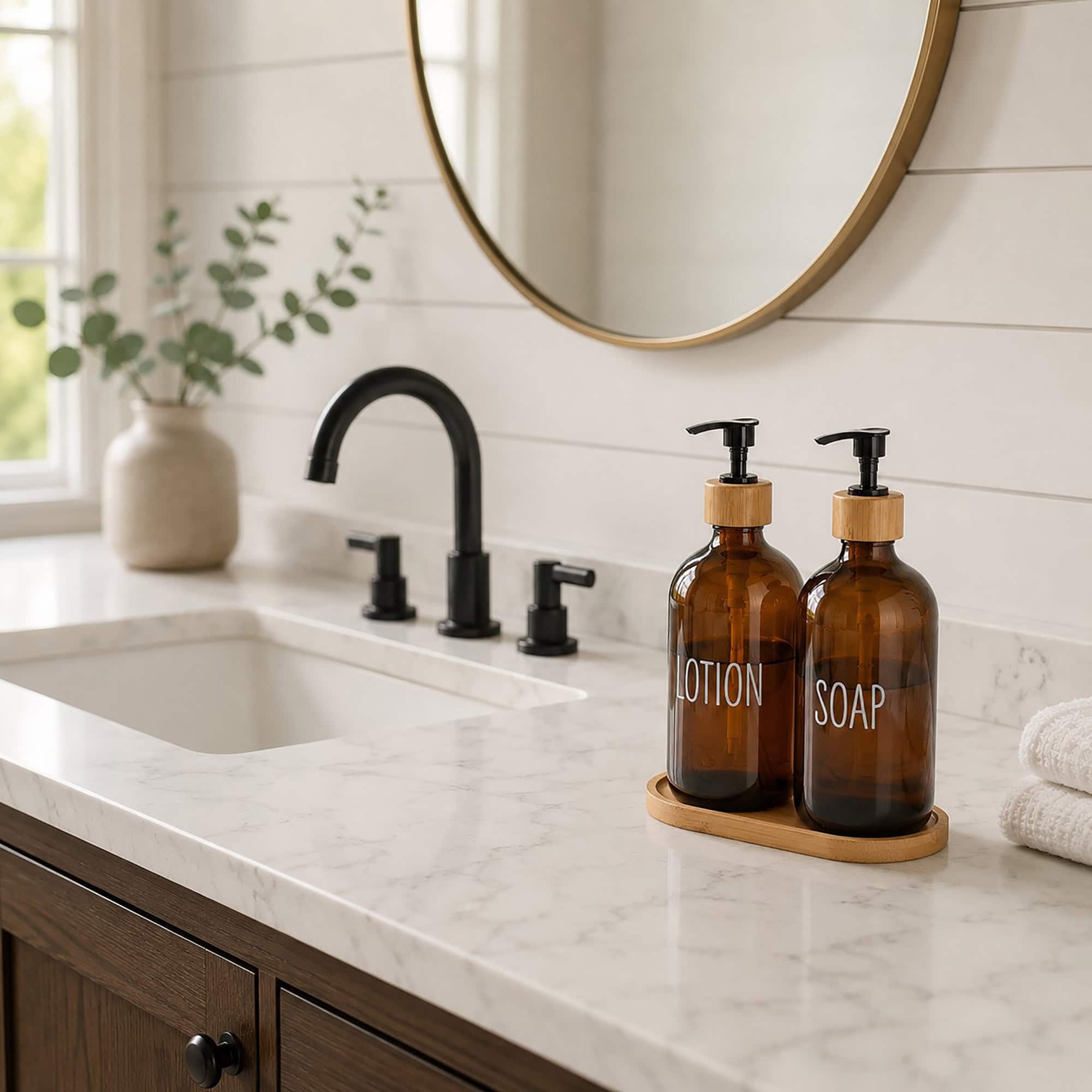 evideco-distributeur-savon-verre-ambr-2x500ml-plateau-bambou image 1
