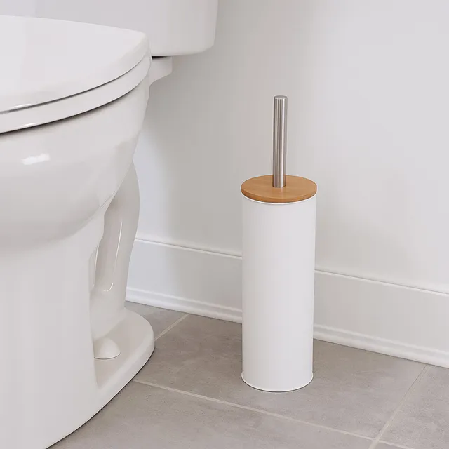 evideco-brosse-wc-blanc-m-tal-couvercle-bambou-support image 1