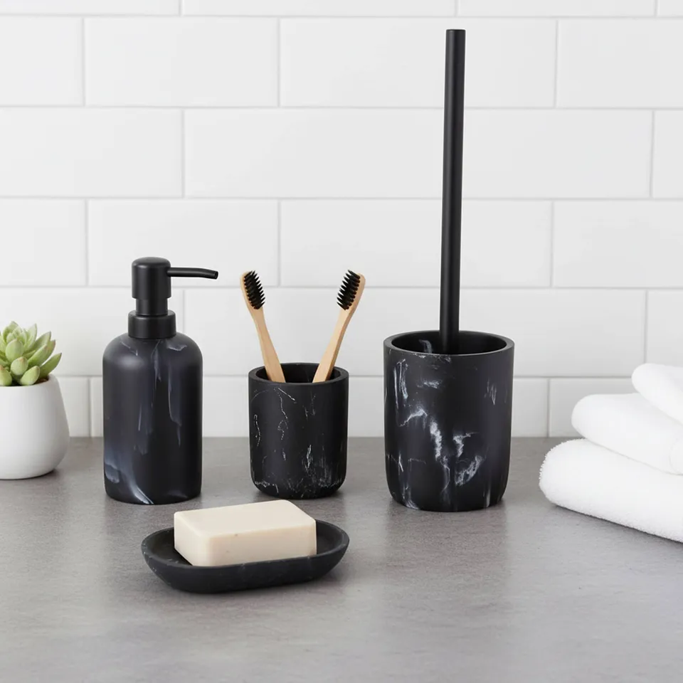 evideco-bathroom-accessories-set-salle-de-bain-marbre-noir-4-pi-ces image 1