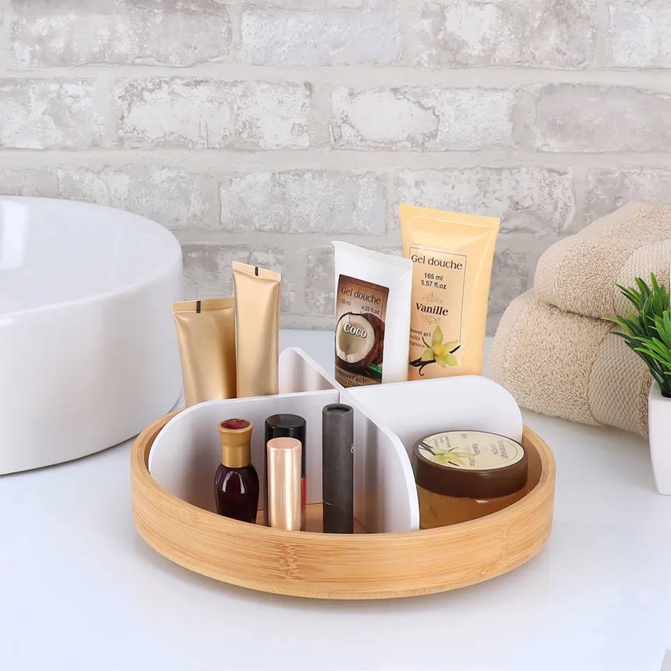 evideco-organiseur-rotatif-salle-de-bain-4-cases-bambou-blanc image 1
