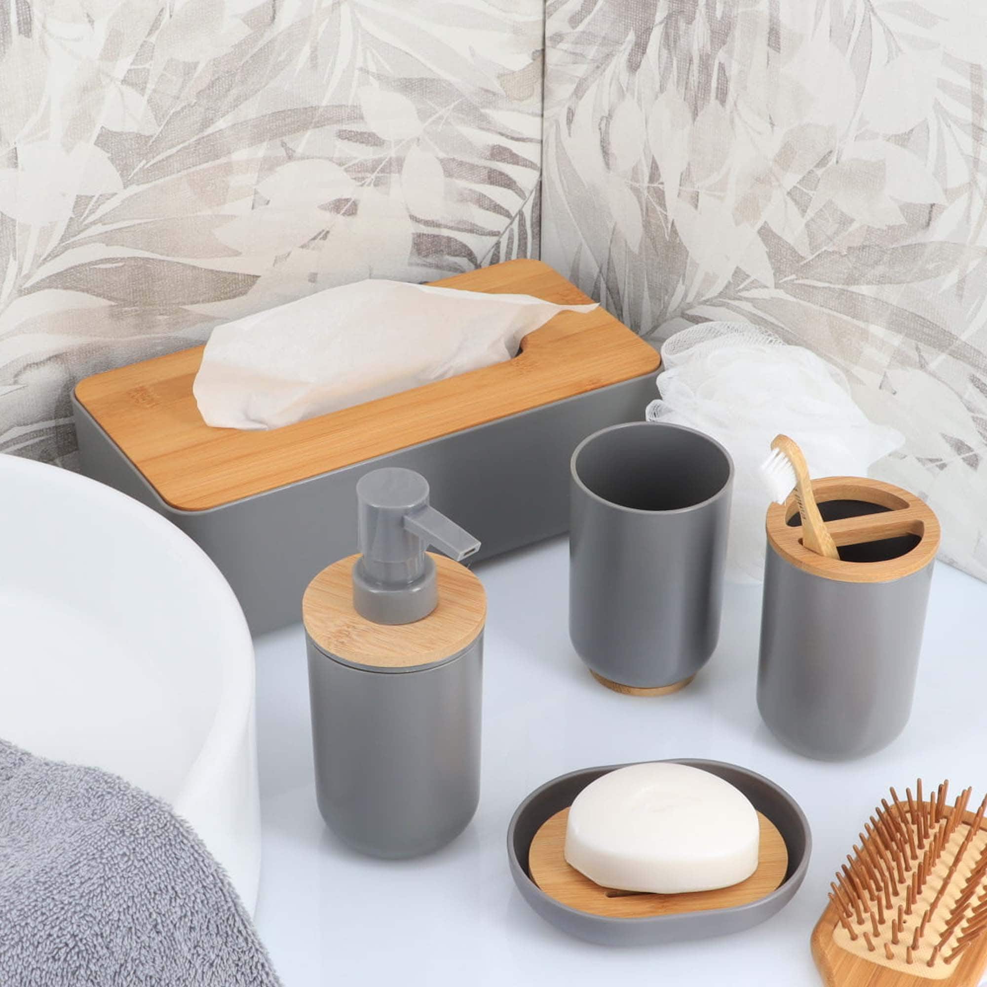 evideco-bathroom-bo-te-coton-tige-gris-couvercle-bambou-padang image 5