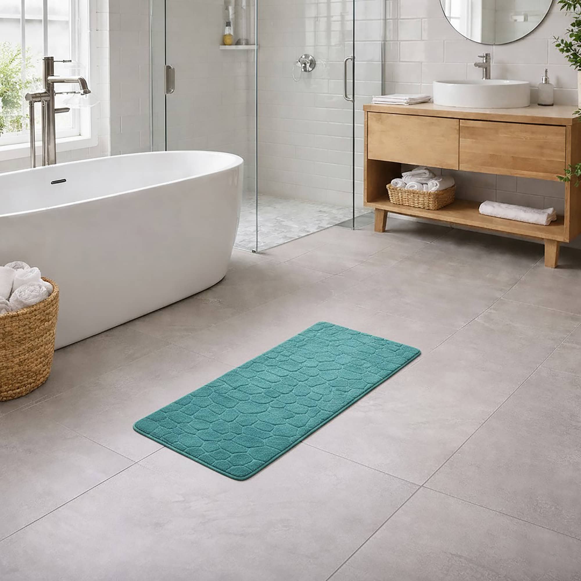 evideco-bathroom-mats-runner-tapis-bain-48x18-bleu-paon-m-moire-de-forme image 2