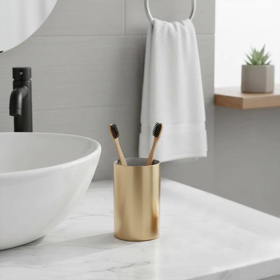 evideco-golden-gobelet-salle-de-bain-dor-porte-brosse image 1