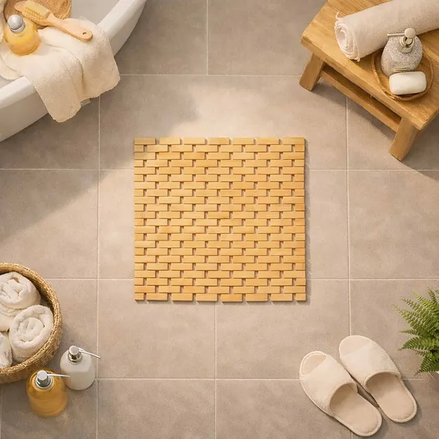 evideco-bathroom-mats-square-tapis-de-bain-bambou-45x45-marron-clair image 1