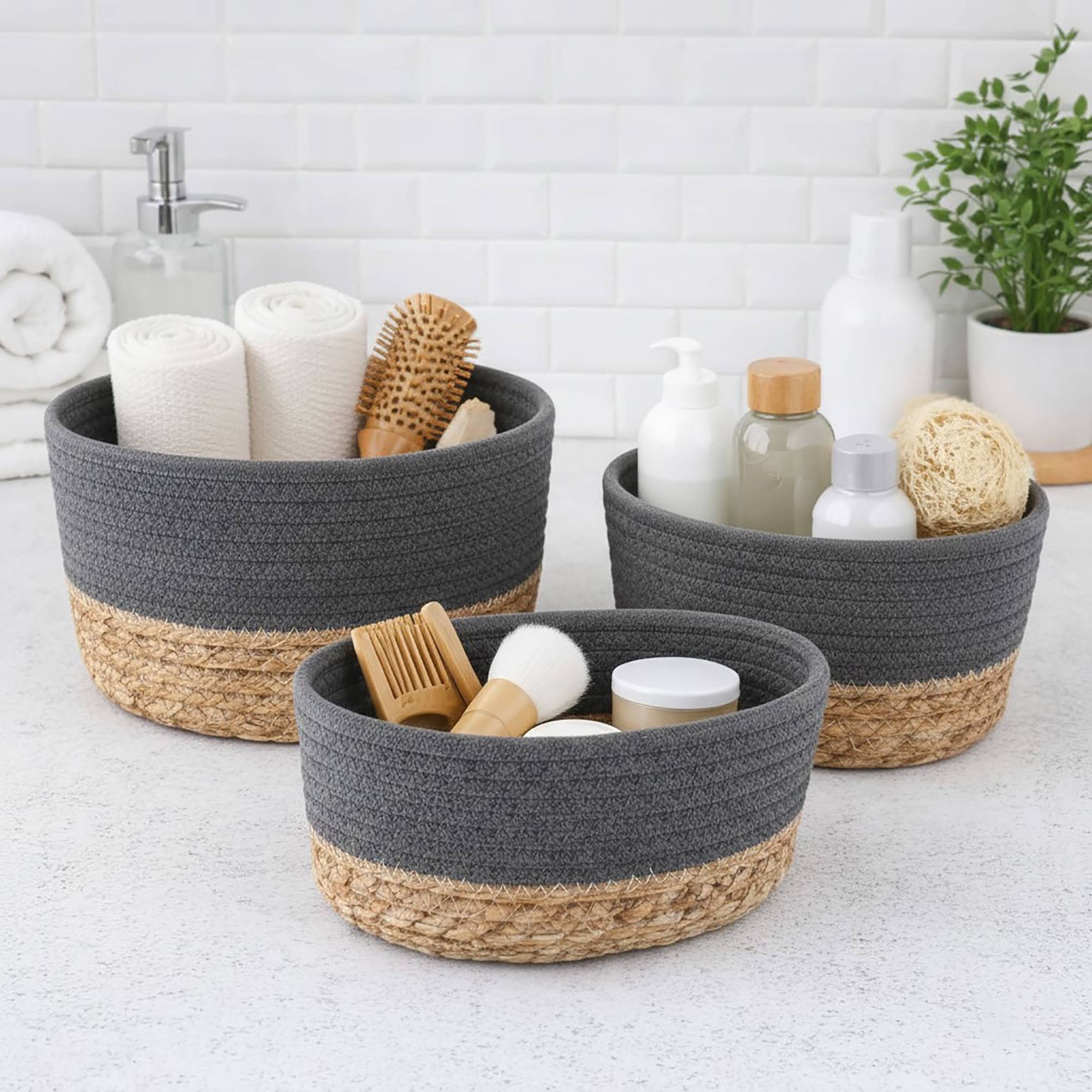 evideco-bathroom-storage-panier-rangement-gris-coton-lot-de-3 image 1